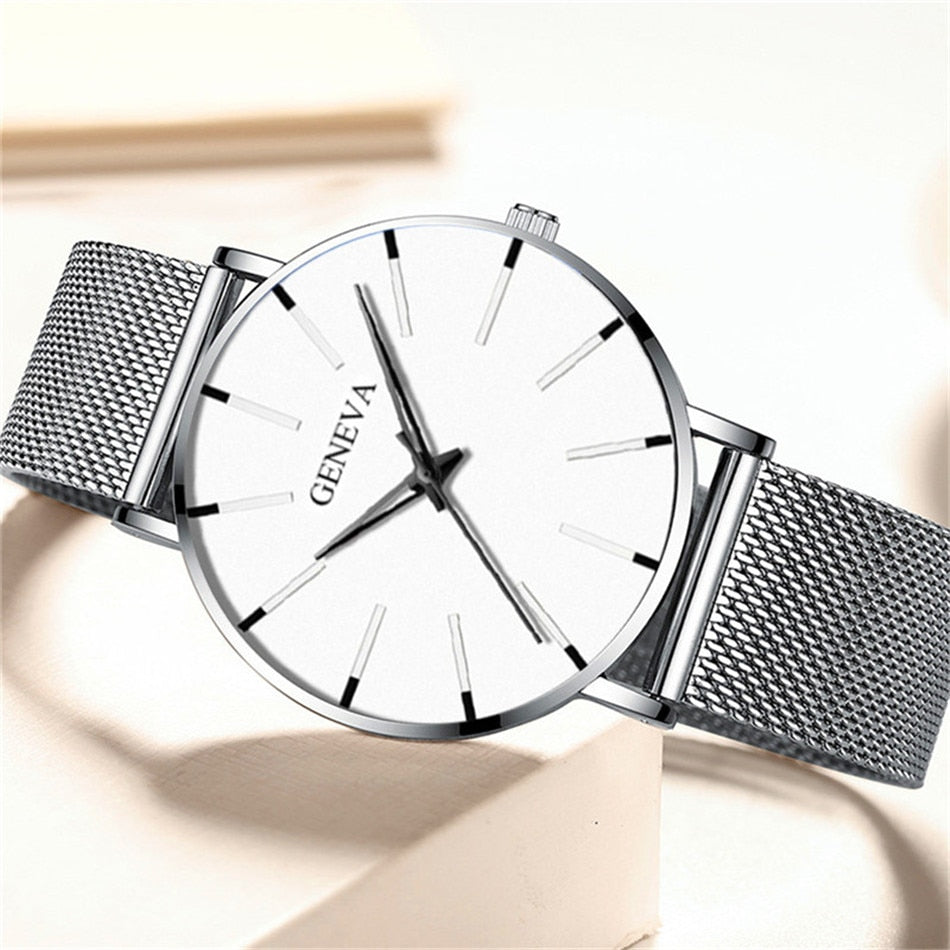 Silver/White Ultra Thin Stainless Steel Wristwatch.