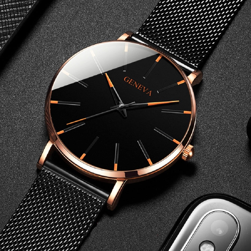 Black/Black Ultra Thin Stainless Steel Wristwatch.