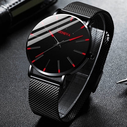 Black/Black Ultra Thin Stainless Steel Wristwatch.