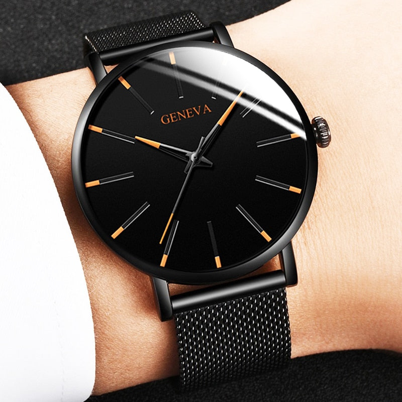 Black/Black Ultra Thin Stainless Steel Wristwatch.