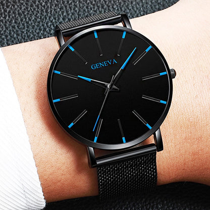 Black/Black Ultra Thin Stainless Steel Wristwatch.