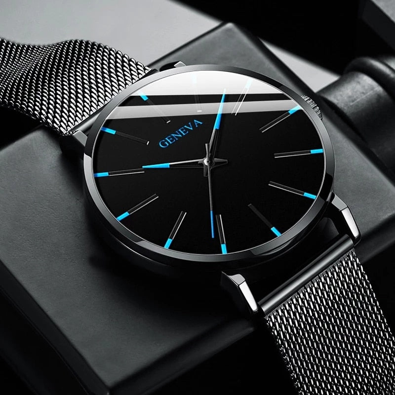 Black/Black Ultra Thin Stainless Steel Wristwatch.