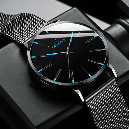 Black/Black Ultra Thin Stainless Steel Wristwatch.