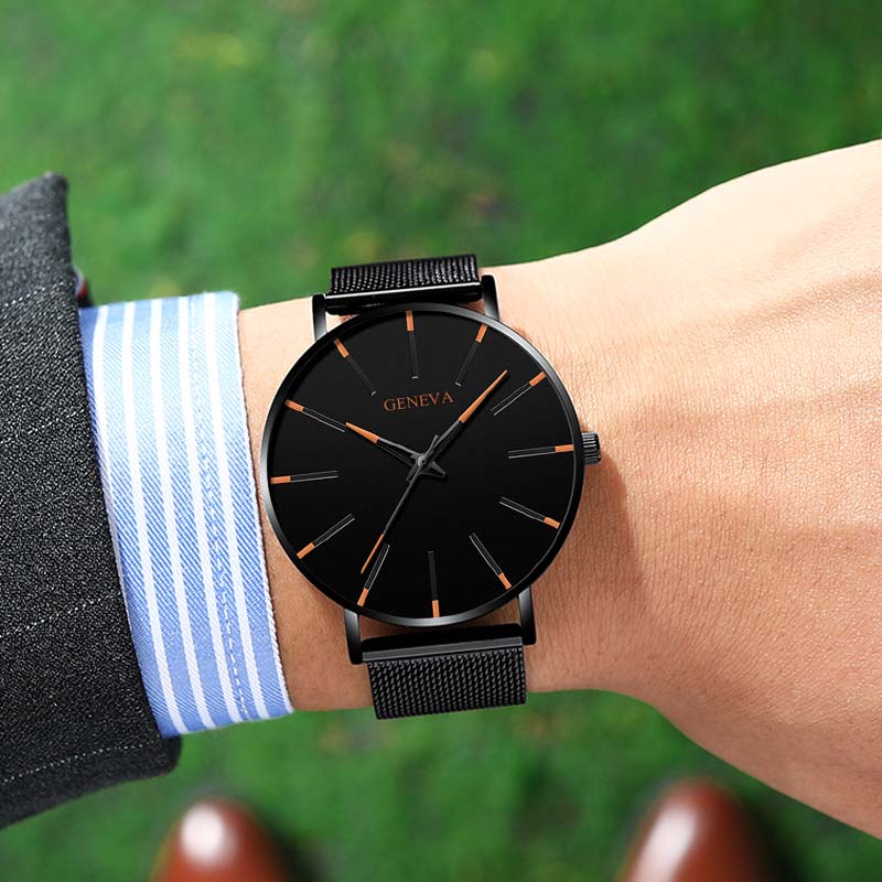 Black/Black Ultra Thin Stainless Steel Wristwatch.