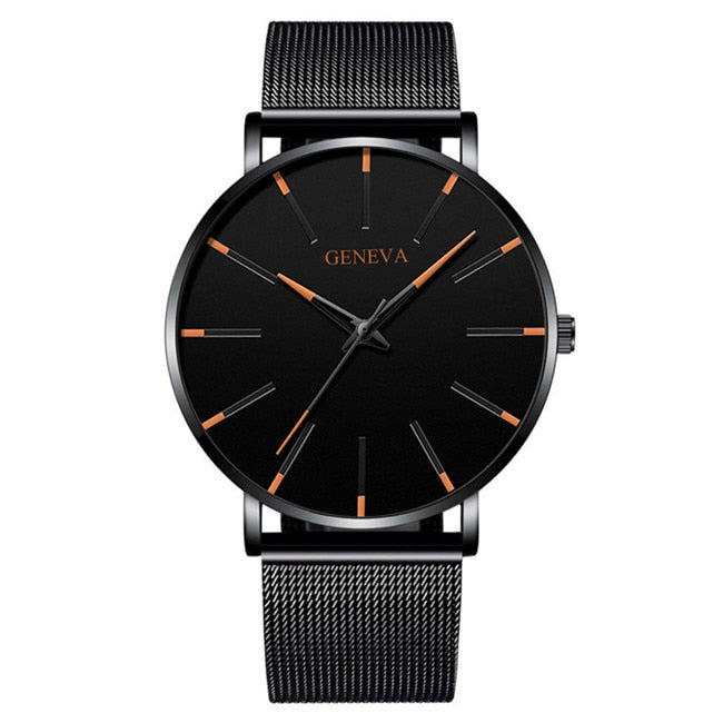 Black/Black Ultra Thin Stainless Steel Wristwatch.