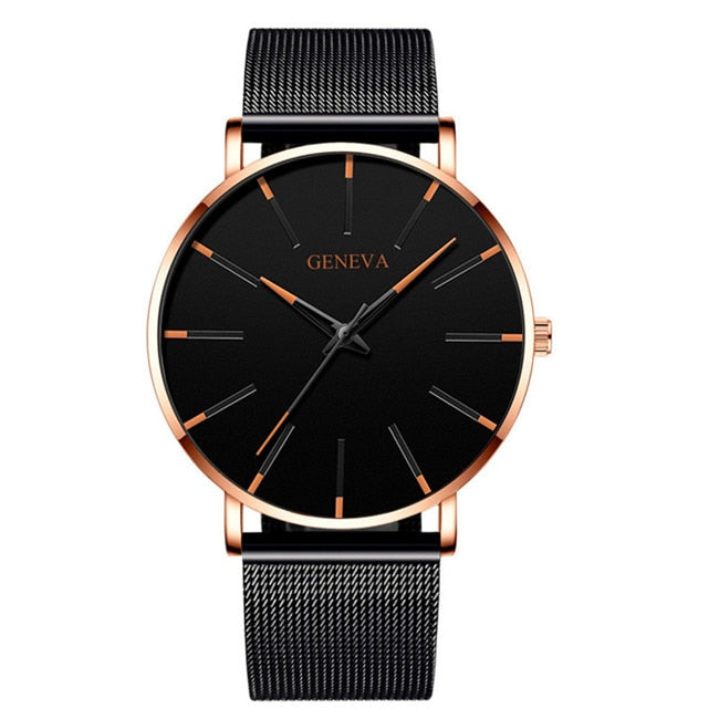 Black/Black Ultra Thin Stainless Steel Wristwatch.