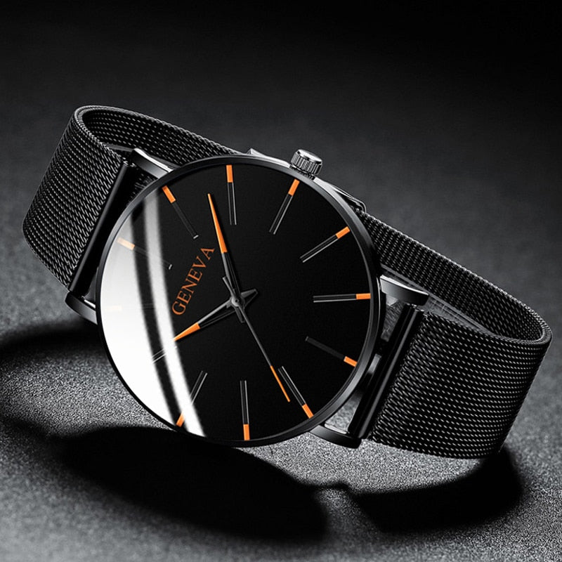 Black/Black Ultra Thin Stainless Steel Wristwatch.