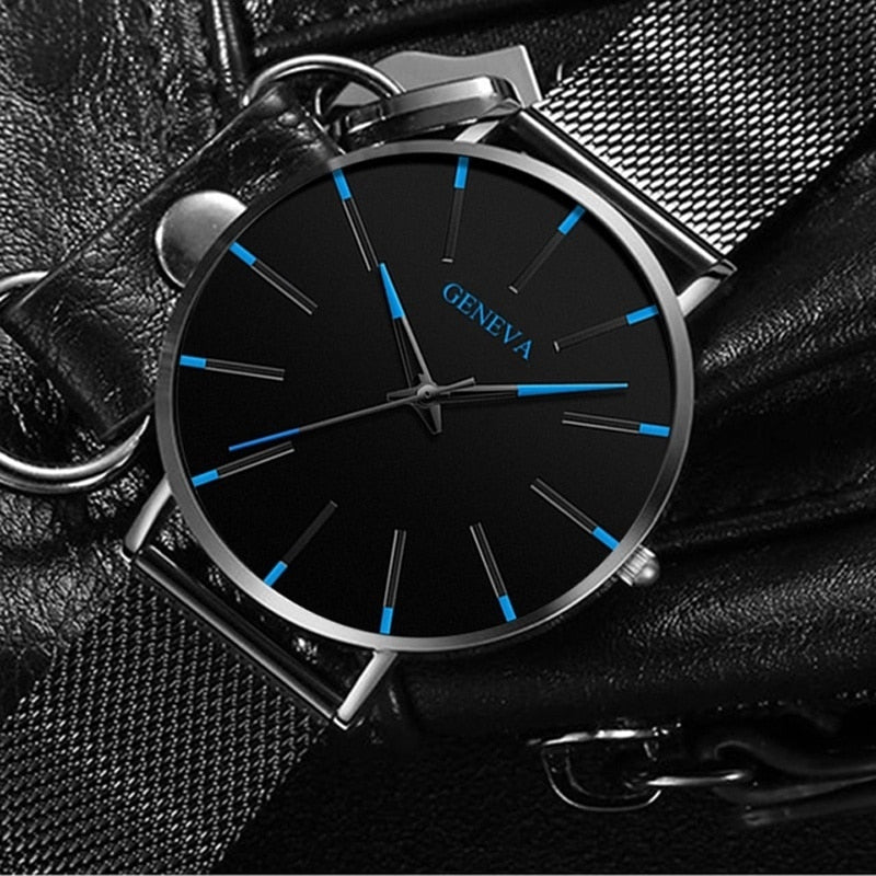 Black/Black Ultra Thin Stainless Steel Wristwatch.