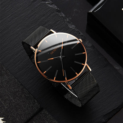 Black/Black Ultra Thin Stainless Steel Wristwatch.