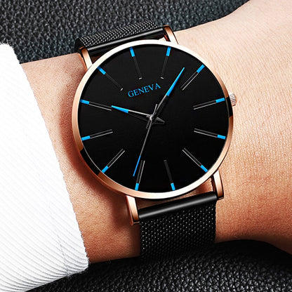 Black/Black Ultra Thin Stainless Steel Wristwatch.