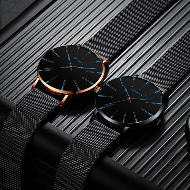 Black/Black Ultra Thin Stainless Steel Wristwatch.