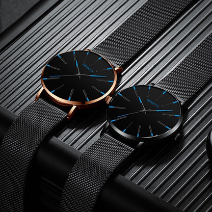 Black/Black Ultra Thin Stainless Steel Wristwatch.