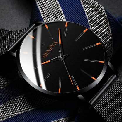 Black/Black Ultra Thin Stainless Steel Wristwatch.