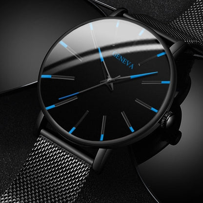 Black/Black Ultra Thin Stainless Steel Wristwatch.