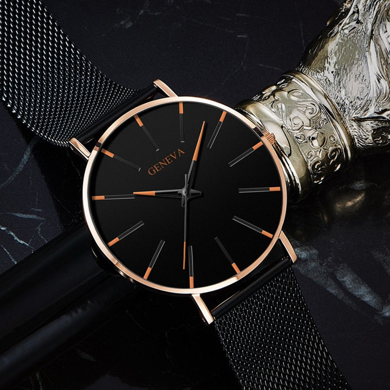 Black/Black Ultra Thin Stainless Steel Wristwatch.