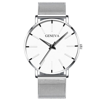 Silver/White Ultra Thin Stainless Steel Wristwatch.